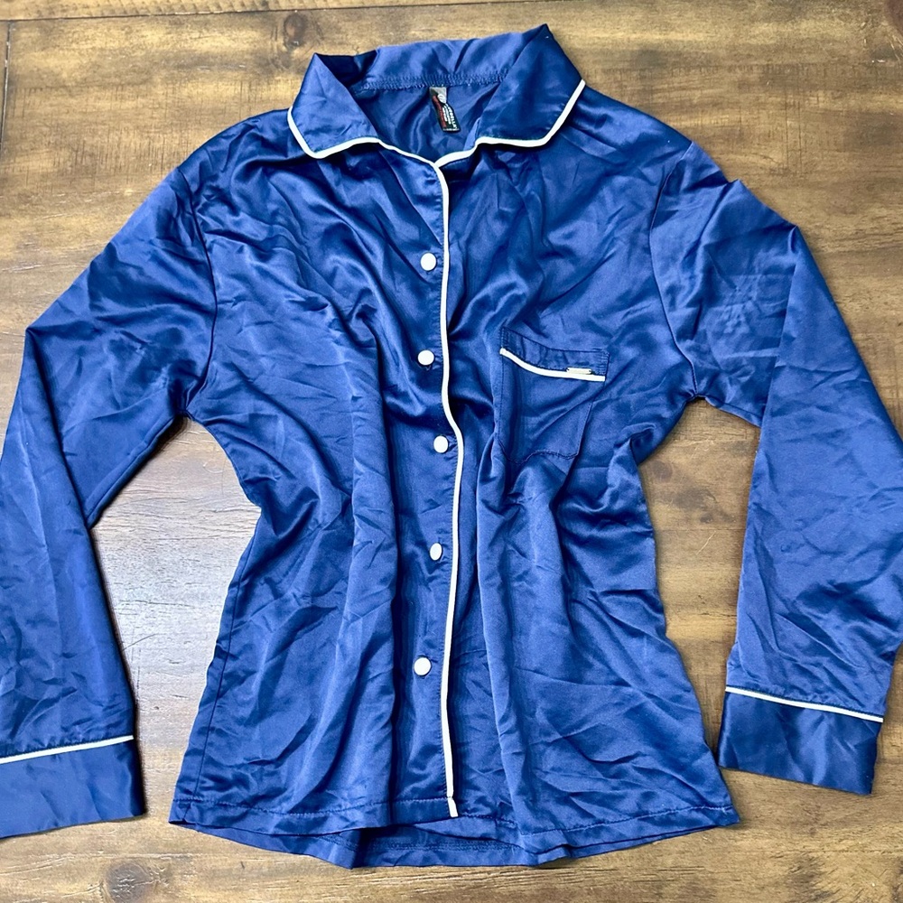 Bluebella Navy Satin Pajama Top‎ Button Up Shirt White Piping Women’s US 6